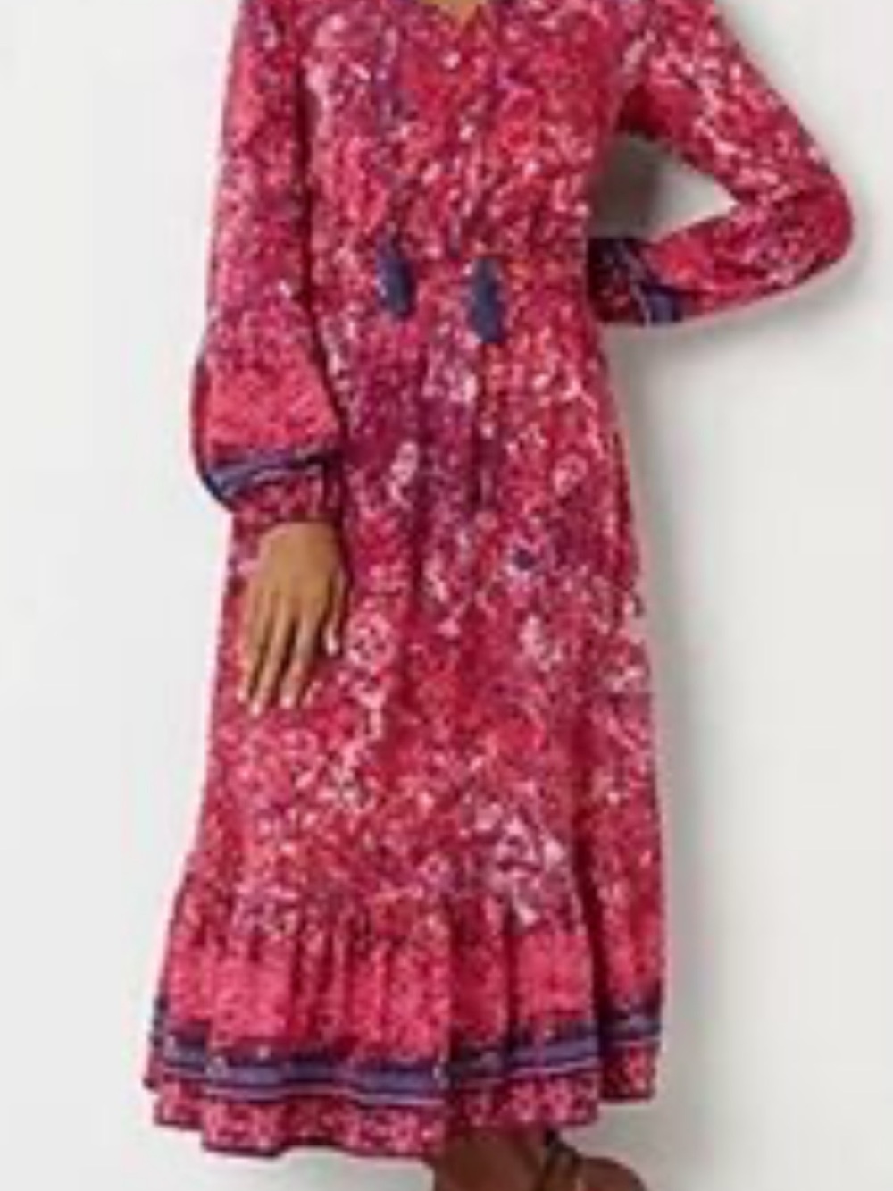 FRYE AND CO. Pink Floral Long-Sleeve Boho Midi Dress with Tassel